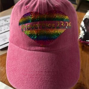 Red and Pink Hat with Rainbow Stripes